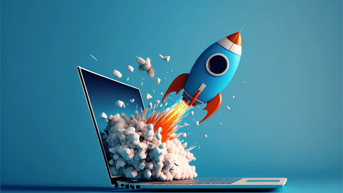 Fusée qui décolle d’un ordinateur portable, symbole d’un site rapide