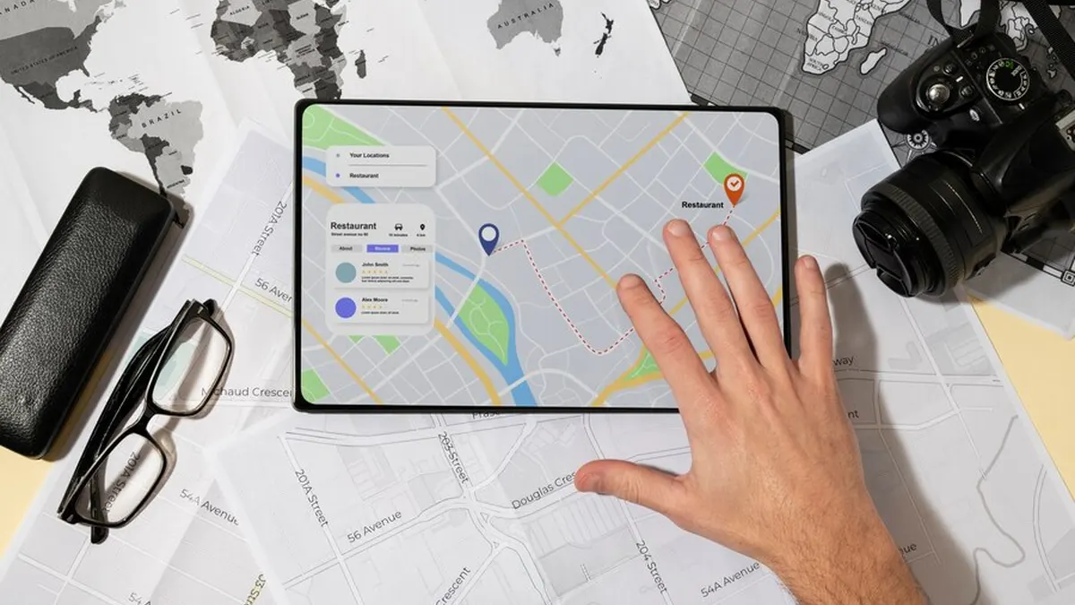 Main sur une tablette affichant une carte avec itinéraire